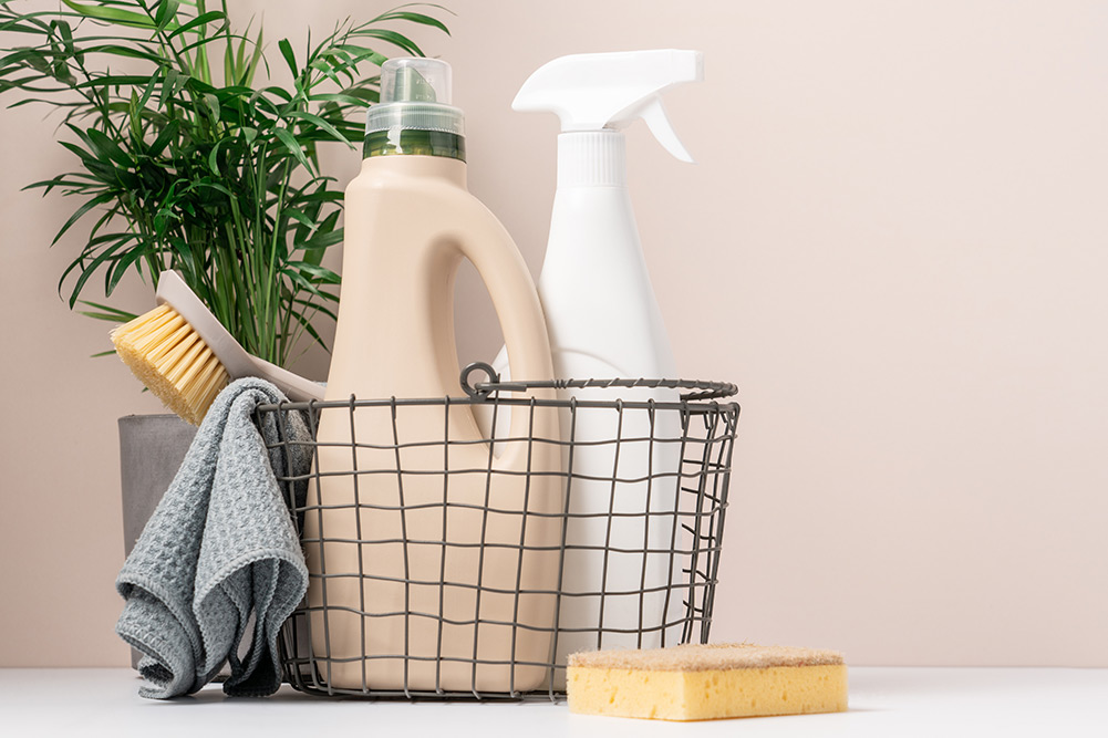 Collection of eco friendly cleaning products in basket